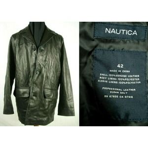 Size 42 NAUTICA Genuine Soft Lambskin Leather Jacket Black Men's Winter Coat
